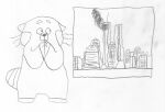  2022 9/11 ailurid anthro building building_destruction disney female graphite_(artwork) hi_res mammal meilin_lee_(turning_red) monochrome new_york_city pencil_(artwork) pixar red_panda shocked smoke solo tanimationllc traditional_media_(artwork) turning_red world_trade_center 