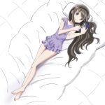  1girl akemi_homura barefoot black_hair dress feet hairband holding holding_phone kinfuji long_hair lying mahou_shoujo_madoka_magica on_back on_bed phone polka_dot polka_dot_dress purple_dress purple_eyes solo 