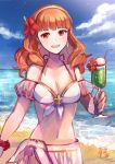  1girl :d adapted_costume beach bikini blue_sky breasts celica_(fire_emblem) cleavage collarbone cowboy_shot cup drinking_straw fire_emblem fire_emblem_echoes:_shadows_of_valentia highres holding holding_cup looking_at_viewer medium_breasts navel ocean open_mouth outdoors red_eyes red_hair signature sky smile solo swimsuit white_bikini white_swimsuit yukimiyuki 