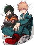  2boys absurdres bad_id bad_twitter_id bakugou_katsuki bakugou_katsuki_(cosplay) blonde_hair bodysuit boku_no_hero_academia cosplay costume_switch crossed_arms freckles green_bodysuit green_eyes green_hair highres kai2_ly long_sleeves looking_at_another looking_to_the_side male_focus midoriya_izuku midoriya_izuku_(cosplay) multiple_boys open_mouth red_eyes red_footwear shoes short_hair simple_background sitting speech_bubble spiked_hair translation_request white_background 