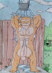  absurd_res amphibia_(series) amphibian anthro balls big_balls big_penis dashthefox disney frog genitals hi_res hop_pop male muscular nature pecs penis shower smile solo traditional_media_(artwork) 