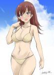  1girl artist_name bikini blue_sky breasts brown_eyes brown_hair cloud commentary_request cowboy_shot gakky kantai_collection large_breasts long_hair looking_at_viewer one-hour_drawing_challenge ooi_(kancolle) sky solo standing swimsuit yellow_bikini 