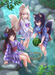  3girls :d absurdres animal_ear_fluff animal_ears barefoot black_hair blue_eyes blue_flower blush bottle brown_eyes brown_hair cat_ears commentary_request day fang flower folded_ponytail food fox_ears fox_girl fox_tail fruit hair_flower hair_ornament hairclip highres holding holding_bottle holding_food iroha_(iroha_matsurika) japanese_clothes kimono kimono_hold koyoi_(iroha_(iroha_matsurika)) kunoichi-chan_(iroha_(iroha_matsurika)) long_hair long_sleeves multiple_girls mutsuki_(iroha_(iroha_matsurika)) obi original outdoors purple_eyes ramune river sash smile standing stream striped striped_kimono tail tasuki vertical-striped_kimono vertical_stripes very_long_hair wading water watermelon wide_sleeves wolf_ears wolf_girl wolf_tail x_hair_ornament yagasuri yukata 