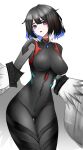  1girl absurdres arknights ayanami_rei ayanami_rei_(cosplay) bangs black_hair blue_eyes blue_hair blue_lips bodysuit breasts bright_pupils cosplay covered_collarbone cowboy_shot highres impossible_bodysuit impossible_clothes kjera_(arknights) large_breasts looking_at_viewer multicolored_hair open_clothes open_mouth plugsuit short_hair simple_background skin_tight solo thigh_gap wawamachi_(wawamachis) white_background white_hair 