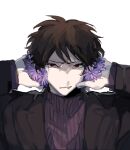  1boy black_jacket brown_hair chinese_commentary clenched_teeth commentary_request covering_ears daisy flower harada_minoru highres jacket long_sleeves male_focus meng4294 open_clothes open_jacket portrait purple_flower purple_sweater red_eyes ribbed_sweater saibou_shinkyoku short_hair simple_background solo sweater teeth turtleneck turtleneck_sweater white_background 