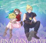  absurdres aerith_gainsborough armor baggy_pants bangle bangs basket belt blonde_hair blue_eyes blue_pants boots bracelet braid braided_ponytail brown_footwear brown_hair cloud_strife cropped_jacket dress final_fantasy final_fantasy_vii flower flower_basket full_body gloves green_eyes hair_between_eyes hair_ribbon highres holding holding_basket holding_flower jacket jewelry long_dress looking_at_viewer pants parted_bangs pink_dress pink_ribbon puffy_short_sleeves puffy_sleeves red_jacket ribbon shiko_jumpa shooting_star short_hair short_sleeves shoulder_armor sidelocks sittiing sleeveless sleeveless_turtleneck smile spiked_hair suspenders turtleneck yellow_flower 