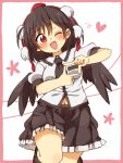  1girl ;d bangs black_footwear black_hair black_necktie black_skirt black_wings border breasts collared_shirt commentary_request dress_shirt ears_visible_through_hair feathered_wings finger_frame frilled_skirt frills hair_between_eyes hat head_tilt heart highres looking_at_viewer navel necktie one_eye_closed pink_border pleated_skirt pom_pom_(clothes) puffy_short_sleeves puffy_sleeves red_eyes red_headwear shameimaru_aya shirt shoes short_sleeves skirt small_breasts smile solo tokin_hat totoharu_(kujirai_minato) touhou white_background white_shirt wings 