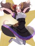  +_+ :d \o/ absurdres animal_ears arms_up big_hair breasts brown_hair covered_navel dress_shirt drill_hair fang flower frilled_skirt frills hair_flower hair_ornament high-waist_skirt highres horse_ears horse_girl horse_tail jumping large_breasts loafers long_hair marvelous_sunday_(umamusume) meme_attire outstretched_arms pantyhose saddle_hair_ornament sansai_soba shirt shoes side_drill skin_fang skirt smile star_(symbol) tail twintails umamusume virgin_killer_outfit yellow_eyes 