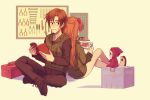 1boy 1girl age_difference aida_kensuke back-to-back bangs boots brown_hair doll evangelion:_3.0+1.0_thrice_upon_a_time glasses hair_ornament hairclip handheld_game_console highres hood hood_down jacket legs long_hair looking_back neon_genesis_evangelion rebuild_of_evangelion sitting souryuu_asuka_langley toolbox tools 