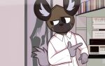  absurd_res aggressive_retsuko american_psycho anthro blackmore clothing coat furniture gesture haida hi_res hyaenid male mammal movie_reference pointing raincoat raised_tail sanrio shelf solo spotted_hyena topwear 