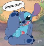  absurd_res anus balls bodily_fluids disney genital_fluids genitals hi_res licking licking_lips lilo_and_stitch lying male on_back penis precum presenting puffy_anus solo stitch_(lilo_and_stitch) text theoryofstrings tongue tongue_out 