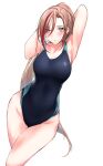  1girl absurdres bangs blue_eyes blush breasts brown_hair competition_swimsuit covered_navel hair_between_eyes highres kurusu_natsume long_hair looking_at_viewer medium_breasts multicolored_hair nijisanji one-piece_swimsuit parted_bangs ponytail red_hair simple_background solo streaked_hair swimsuit thighs very_long_hair virtual_youtuber white_background wide_hips yuki_maccha_(yukimattya10) 