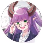  1girl :d absurdres adjusting_eyewear circle eithne_(sennen_sensou_aigis) fang glasses green_eyes highres indoors long_hair looking_at_viewer paper pointy_ears purple_hair sennen_sensou_aigis smile striped_horns upper_body yumao_(pixiv70319438) 