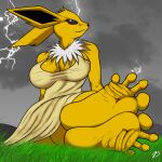  1:1 2015 4_toes anthro anthrofied barefoot big_breasts biped breasts clothed clothing digital_media_(artwork) dress eeveelution feet female foot_fetish foot_focus grass hill humanoid_feet jolteon lightning nintendo plant plantigrade pok&eacute;mon pok&eacute;mon_(species) pok&eacute;morph solo toes video_games zp92 