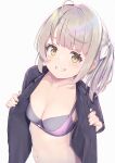  1girl ahoge black_bra bra breasts brown_eyes cleavage clothes_pull grey_hair grin highres long_hair looking_at_viewer open_clothes open_shirt original ponytail pulled_by_self ribbon shirt shirt_pull simple_background small_breasts smile solo underwear upper_body white_background yunarebun 