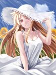  1girl blonde_hair breasts closed_mouth cloud collarbone commentary day dress fate_testarossa flower hat large_breasts long_hair looking_at_viewer lyrical_nanoha mahou_shoujo_lyrical_nanoha_strikers red_eyes sky smile solo sougetsu_izuki sun_hat sundress sunflower very_long_hair white_dress white_headwear 