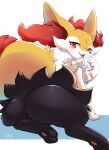  absurd_res anthro big_butt big_ears black_body black_fur braixen butt canid female fluffy fluffy_tail fur hi_res ingi inner_ear_fluff looking_at_viewer looking_back mammal neck_tuft nintendo paws pok&eacute;mon pok&eacute;mon_(species) rear_view red_eyes solo tuft video_games white_body white_fur yellow_body yellow_fur 