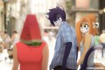  3:2 absurd_res animate_inanimate anthro blue_eyes breasts canid canine clothed clothing dipstick_ears distracted_boyfriend domestic_cat duo eipril elisabeth_(eipril) felid feline felis female food fox fruit green_eyes hair hi_res humor inanimate_transformation looking_back male mammal melon meme multicolored_ears plant rouen_(eipril) transformation watermelon 