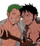 2boys alcohol annoyed arm_around_shoulder bandaid bandaid_on_face beard beer black_hair earrings facial_hair goatee green_eyes green_hair grin hgacd8 highres holding jewelry long_sideburns looking_at_another male_focus multiple_boys one_piece open_mouth orange_eyes pectorals pouring roronoa_zoro scar scar_across_eye shirt short_hair sideburns smile sweatdrop tattoo trafalgar_law yaoi 