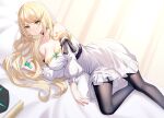  1girl bangs bare_shoulders bed_sheet blonde_hair blush breasts cleavage commentary_request curtains dress feet_out_of_frame hand_up holding large_breasts long_hair long_sleeves looking_at_viewer lying mythra_(xenoblade) no_shoes off-shoulder_dress off_shoulder on_side pantyhose parted_lips puffy_long_sleeves puffy_sleeves ririko_(zhuoyandesailaer) solo swept_bangs v-shaped_eyebrows very_long_hair white_dress xenoblade_chronicles_(series) xenoblade_chronicles_2 yellow_eyes 