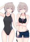  2girls absurdres ahoge alternate_costume bikini blush bracelet denim denim_shorts dual_persona girls&#039;_frontline gotoo grey_hair highres jewelry m200_(girls&#039;_frontline) multiple_girls navel one-piece_swimsuit purple_eyes short_hair short_ponytail shorts swimsuit white_background 