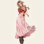  1girl aerith_gainsborough arm_belt bangle bangs boots bracelet braid braided_ponytail breasts brown_hair choker cleavage cropped_jacket dress final_fantasy final_fantasy_vii final_fantasy_vii_remake flower full_body green_eyes hair_ribbon holding holding_flower jacket jet_kimchrea jewelry long_dress long_hair looking_at_viewer medium_breasts parted_bangs pink_dress pink_ribbon red_jacket ribbon short_sleeves sidelocks signature simple_background solo standing twitter_username 