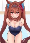  1girl arms_behind_back blush bow breasts brown_hair cleavage daiwa_scarlet_(umamusume) embarrassed hair_bow highres indoors inuyabu_cc large_breasts leaning_forward long_hair looking_at_viewer pool red_bow red_eyes school_swimsuit solo sweatdrop swimsuit tiara twintails umamusume very_long_hair 
