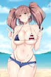  1girl alternate_costume american_flag_bikini anchor_hair_ornament atlanta_(kancolle) beach bikini blue_shorts blue_sky breasts brown_hair cloud collarbone commission cowboy_shot day denim denim_shorts earrings flag_print grey_eyes hair_ornament highleg highleg_bikini highres huge_breasts jewelry kantai_collection lindaroze long_hair micro_shorts navel ocean outdoors shorts sky solo standing star_(symbol) star_earrings swimsuit two_side_up 