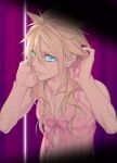  1boy aqua_eyes bare_arms blonde_hair bow cloud_strife collarbone crossdressing earrings final_fantasy final_fantasy_vii hair_between_eyes hair_ribbon hand_in_own_hair jewelry kiki_lala long_hair looking_at_viewer male_focus muscular muscular_male parted_lips pink_bow pink_negligee pink_ribbon ribbon shadow single_earring solo spiked_hair sweatdrop upper_body wavy_hair 