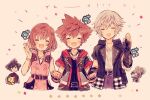  1girl belt black_hair black_jacket blush bob_cut bracelet brown_hair buttons carrying carrying_under_arm chain_necklace closed_eyes dress fingerless_gloves gloves green_hair hair_between_eyes hand_up holding_hands hood hoodie jacket jewelry kairi_(kingdom_hearts) kingdom_hearts kingdom_hearts_iii mickey_mouse multicolored_clothes multicolored_hoodie multiple_boys necklace open_mouth pink_dress riku_(kingdom_hearts) shirt short_hair short_sleeves smile sora_(kingdom_hearts) spiked_hair star_(symbol) upper_body vanitas waving white_shirt winnie_the_pooh xpo917 