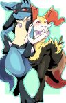  1boy 1girl animal_ear_fluff animal_ears animal_feet animal_nose arm_at_side arm_hug artist_name black_fur blue_fur blush body_fur border braixen claws closed_mouth commentary_request fang flat_chest fox_ears fox_girl fox_tail full_body fur_collar furry furry_female furry_male green_background green_outline half-closed_eyes hand_on_hip hands_up happy highres leg_up looking_at_viewer lucario multicolored_fur negoya outline outside_border partial_commentary pokemon pokemon_(creature) red_eyes signature simple_background skin_fang smile snout spikes standing standing_on_one_leg stick tail white_border white_fur white_outline wolf_boy wolf_ears wolf_tail yellow_fur 