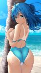  1girl aigami_shion ass back bangs beach blue_eyes blue_hair blue_sky blue_swimsuit breasts closed_mouth commentary_request competition_swimsuit day garter-velvet highres horizon large_breasts long_hair looking_at_viewer looking_back ocean one-piece_swimsuit original outdoors palm_tree sideboob sky smile standing swimsuit tan tanlines tree 