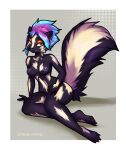  4_toes 5_fingers absurd_res african_wild_dog anthro areola blue_hair breasts canid canine dragonfu ear_piercing ear_ring feet female fingers green_eyes hair hi_res looking_at_viewer mammal nipples piercing ring_piercing smile solo toes 