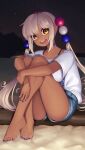  1girl :d alternate_costume beach blue_nails casual collarbone commentary crossed_ankles dark-skinned_female dark_skin english_commentary feet full_body hair_ornament highres hololive hololive_english hugging_own_legs legs light_brown_hair limiter_(tsukumo_sana) long_hair looking_at_viewer nail_polish night open_mouth orange_eyes outdoors planet_hair_ornament sand shirt short_shorts short_sleeves shorts sitting sky smile solo star_(sky) starry_sky teeth toenails tsukumo_sana twintails upper_teeth very_long_hair virtual_youtuber white_shirt yoako 