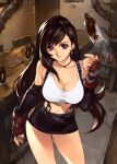  1girl bare_shoulders black_gloves bottle breasts brown_eyes brown_hair cleavage collarbone commentary contrapposto earrings english_commentary final_fantasy final_fantasy_vii fingerless_gloves gloves highres indoors jewelry large_breasts long_hair looking_at_viewer midriff optionaltypo red_gloves skirt smile solo suspender_skirt suspenders tifa_lockhart very_long_hair 