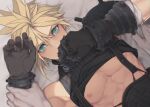  abs aqua_eyes armor bandaged_arm bandages bed_sheet belt blonde_hair clothes_lift cloud_strife crying disembodied_limb earrings final_fantasy final_fantasy_vii final_fantasy_vii_remake gloves hair_between_eyes hand_to_own_mouth holding_another&#039;s_wrist jewelry kiki_lala looking_at_viewer lying male_focus muscular muscular_male on_back pectorals shirt_lift short_hair shoulder_armor single_earring sleeveless sleeveless_turtleneck spiked_hair suspenders tears turtleneck upper_body 