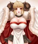  1girl :d ahoge anila_(granblue_fantasy) bandeau bangs blonde_hair blunt_bangs blush breasts cleavage cloak curled_horns draph granblue_fantasy hikimayu horns incoming_hug large_breasts long_hair miniskirt orange_eyes pelvic_curtain pleated_skirt reaching_out simple_background skirt smile solo suzuki_sakura 