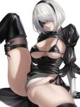  1girl black_blindfold black_dress black_hairband blindfold breasts cameltoe cleavage dress gloves hairband highres large_breasts leotard mole mole_under_mouth nier_(series) nier_automata nyatokanyaru short_hair solo thighhighs thighs white_background white_hair yorha_no._2_type_b 