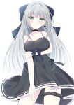  1girl ass_visible_through_thighs black_dress bow breasts choker cleavage dress earrings green_eyes grey_hair hair_bow hair_intakes highres jewelry long_hair looking_at_viewer original ribbon short_dress smile solo sundress suzunashi_rei thigh_strap thighs 