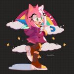  1:1 2022 5_fingers amy_rose anthro boots clothed clothing cloud eulipotyphlan eyelashes female fingers footwear fur gloves green_eyes handwear hedgehog hi_res holding_object holding_umbrella mammal pink_body pink_fur rainbow reaaneru sega signature smile solo sonic_the_hedgehog_(series) text umbrella 