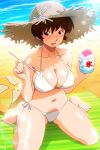  1girl bangs bikini blanket blush breasts brown_eyes brown_hair covered_nipples cup day drinking_straw halter_top halterneck hat holding holding_cup holding_drinking_straw large_breasts lens_flare looking_at_viewer navel non-web_source official_art open_mouth outdoors photoshop_(medium) shaved_ice shiny shiny_skin short_hair side-tie_bikini sitting solo spoon_straw straw_hat sun_hat super_real_mahjong swimsuit tanaka_ryou toyohara_etsuko wariza white_bikini 