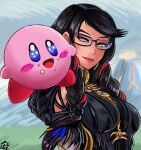  1girl 1other bayonetta bayonetta_(series) bayonetta_3 black_hair blush braid earrings eyeshadow food glasses gloves jewelry kirby kirby_(series) kirby_and_the_forgotten_land lipstick long_hair makeup mole mole_under_mouth multicolored_hair red_hair ribbon smile stoic_seraphim streaked_hair super_smash_bros. twin_braids 