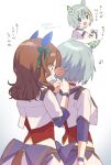  2girls :d animal_ears bangs blue_choker blue_eyes bow brown_eyes brown_hair choker cropped_jacket dated eighth_note facing_away gradient gradient_background green_bow grey_background grey_hair hair_between_eyes hair_bow horse_ears horse_girl horse_tail jacket king_halo_(umamusume) koruri multiple_girls musical_note one_side_up red_shirt seiun_sky_(umamusume) shirt skirt smile tail translation_request twitter_username umamusume white_background white_jacket white_skirt 