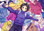  1girl artist_name black_eyes black_hair black_pants clothes denim frown jacket kokuhaku_jikkou_iinkai long_sleeves lying messy_hair on_back pants pants_removed pile purple_jacket shirt_removed shorts solo suzumi_hiyori thick_eyebrows yamako_(state_of_children) zipper 