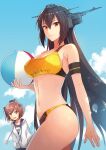  2girls alternate_costume ball beach_volleyball bikini black_hair black_swimsuit blue_sky breasts brown_eyes brown_hair closed_mouth clothes_writing cloud cloudy_sky collarbone cowboy_shot day hair_between_eyes headgear highres holding holding_ball jacket kantai_collection kasumi_(skchkko) large_breasts long_hair long_sleeves looking_at_viewer multiple_girls nagato_(kancolle) name_tag navel official_alternate_costume one-piece_swimsuit open_mouth red_eyes sky sports_bikini sportswear swimsuit swimsuit_under_clothes volleyball white_jacket yukikaze_(kancolle) 