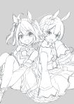  2girls :d ahoge animal_ears bangs bare_shoulders breasts cleavage cleavage_cutout clothing_cutout cropped_jacket dated grey_background greyscale hair_between_eyes horse_ears hugging_own_legs kitasan_black_(umamusume) knees_up koruri long_hair long_sleeves medium_breasts monochrome multiple_girls pleated_skirt satono_diamond_(umamusume) shirt simple_background skirt sleeves_past_fingers sleeves_past_wrists smile twitter_username two_side_up umamusume very_long_hair wide_sleeves 