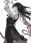  1girl arm_up belt black_belt black_dress black_hair chainsaw_man closed_mouth dress from_side highres holding holding_weapon intestines kagura_tohru long_hair long_sleeves mitaka_asa pinafore_dress purple_eyes scar scar_on_face shirt simple_background solo standing war_devil_(chainsaw_man) weapon white_background white_shirt 