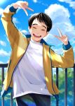  1boy :d artist_name black_hair black_pants blue_sky closed_eyes cloud copyright_request day double_v facing_viewer highres htk_you13 jacket male_focus outdoors pants pose railing shirt short_hair sky smile solo v white_shirt yellow_jacket 