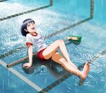  1girl :d barefoot black_hair bloomers broom chutohampa closed_eyes day empty_pool gym_uniform happy knee_up original outdoors pool rain ripples shirt short_hair sitting smile swimsuit swimsuit_under_clothes t-shirt underwear white_shirt 
