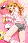  1girl ass bag_of_chips brown_eyes brown_hair cat cellphone chips feet_out_of_frame food from_above game_console handheld_game_console hayasaka_akira holding long_hair long_sleeves looking_at_viewer mouth_hold non-web_source official_art phone photoshop_(medium) pillow potato_chips shiny shiny_skin snack solo striped striped_sweater super_real_mahjong sweater tanaka_ryou tissue_box video_game 